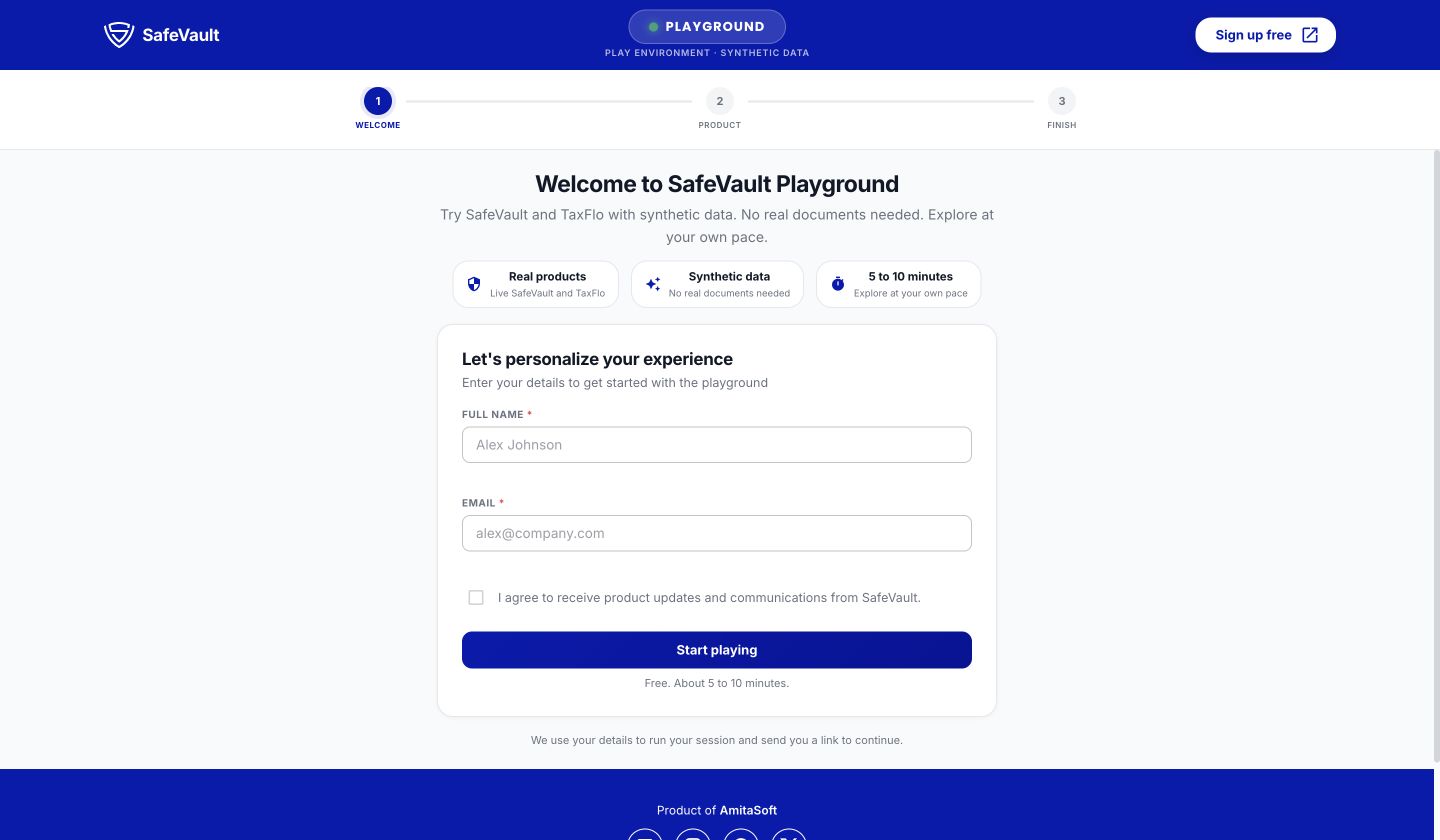 Playground welcome screen with the synthetic-data introduction and session start form